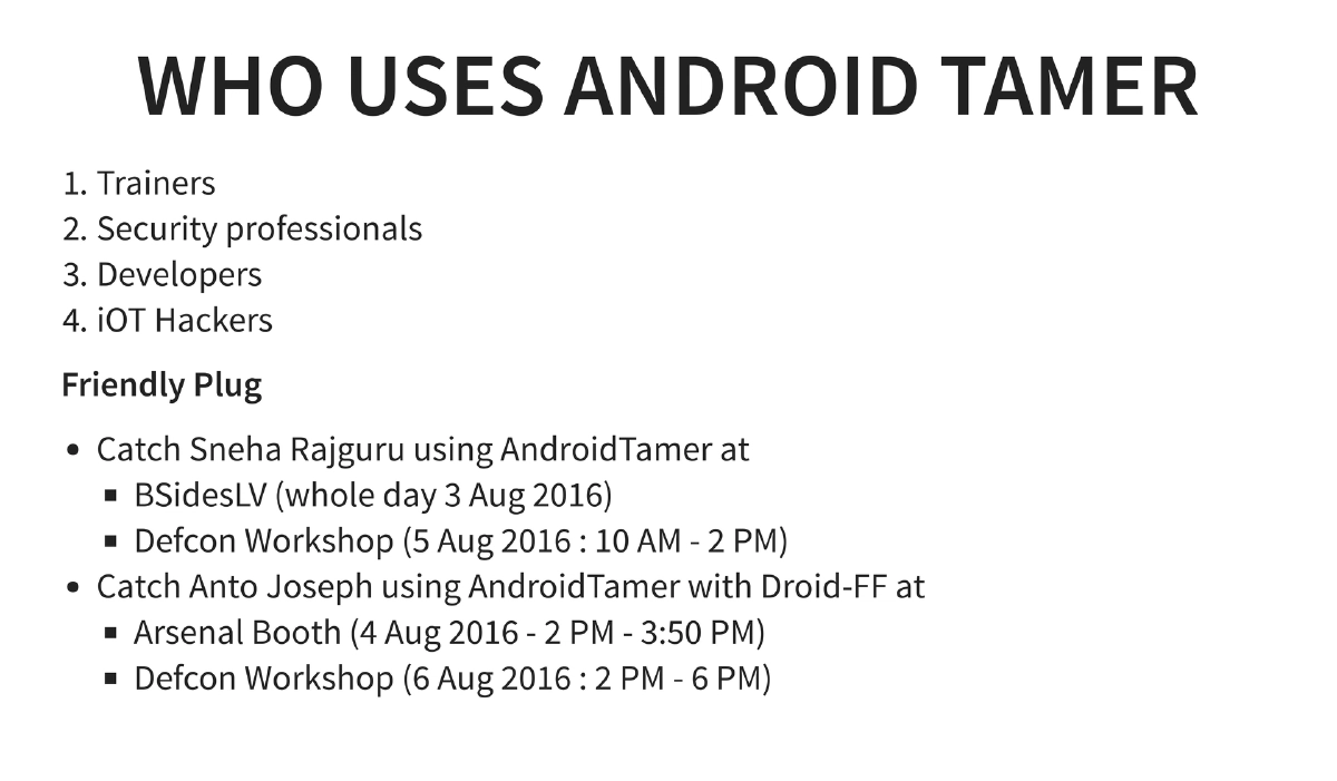 Slide 3 of BlackHat USA Arsenal Androidtamer